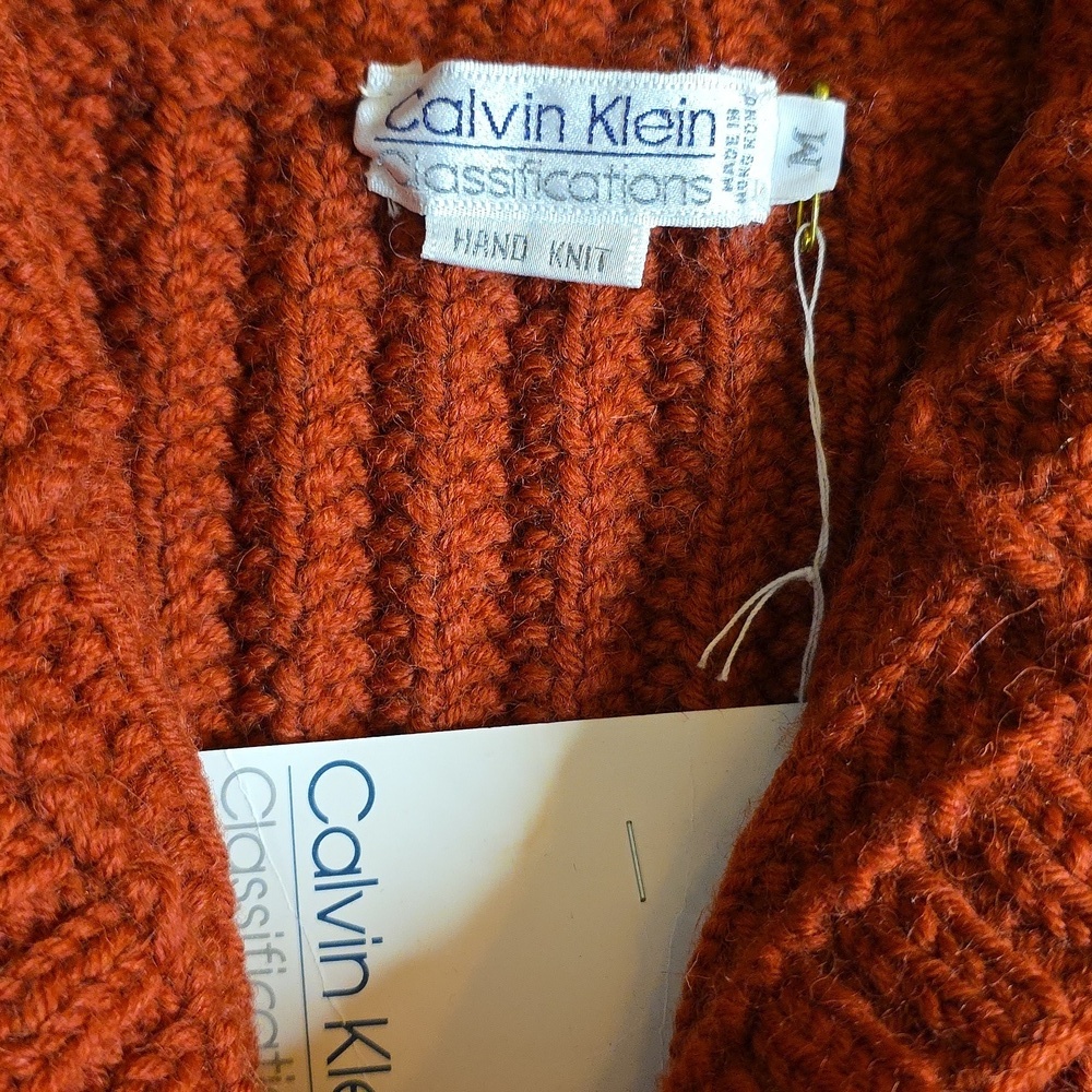 Calvin Klein Vtg Sweater Jacket ButtonBrick Red Wool Hand Knit Ribbed Size M - Picture 2 of 12